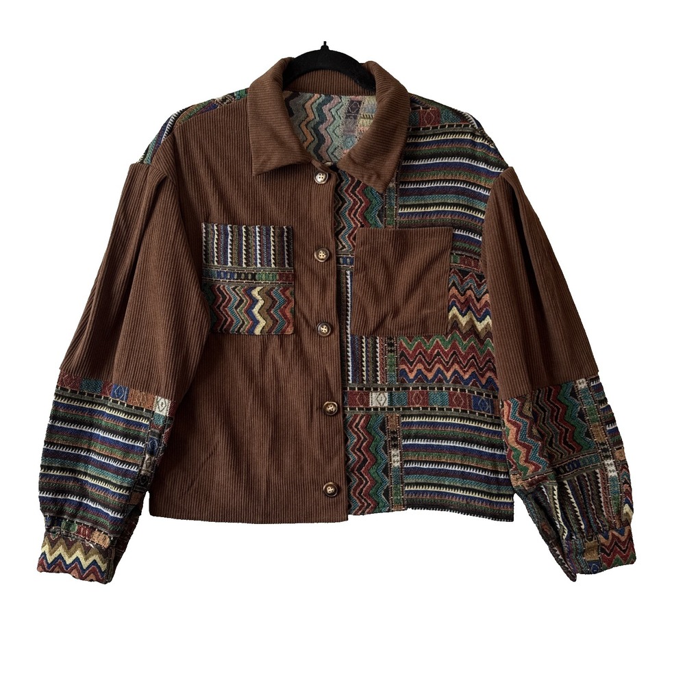 Western Corduroy Aztec Patchwork Button Up Shacket Cropped Jacket S Boho Y2K 90s